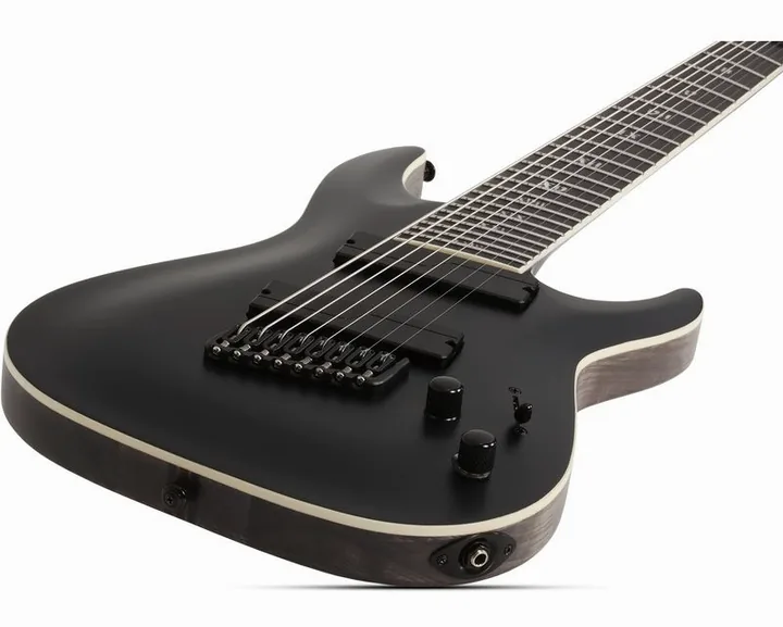 Schecter C-8 MS SLS Elite Evil Twin SBK, manico e tastiera visti di lato