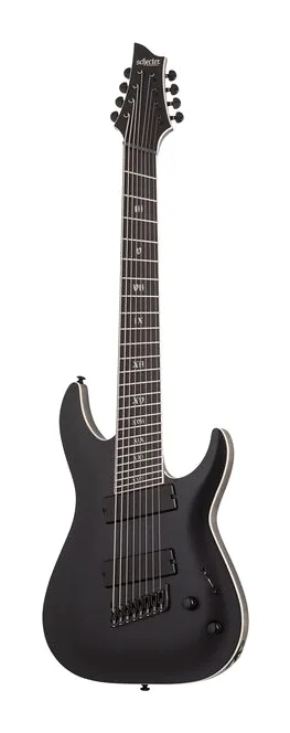 Schecter C-8 MS SLS Elite Evil Twin SBK inquadrato di fronte su sfondo neutro