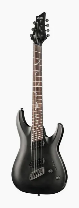 Schecter Damien 7 Multiscale SB inquadrato di fronte su sfondo neutro