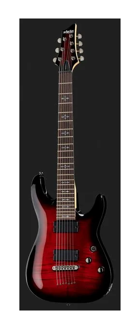 Schecter Demon-7 Crimson Red Burst, manico e tastiera visti di lato