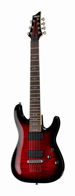 Schecter Demon-7 Crimson Red Burst inquadrato di fronte su sfondo neutro