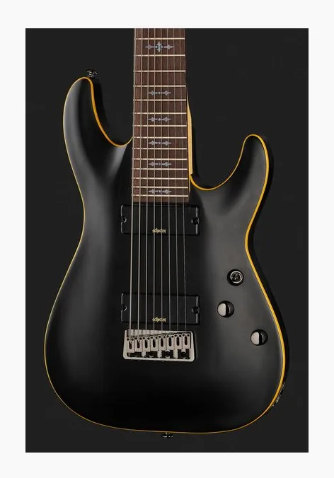 Schecter Demon-8 Aged Black Satin, manico e tastiera visti di lato