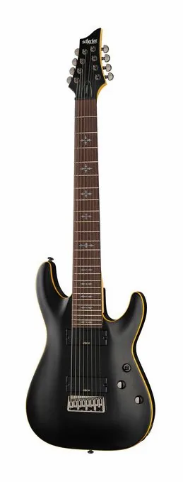 Schecter Demon-8 Aged Black Satin inquadrato di fronte su sfondo neutro