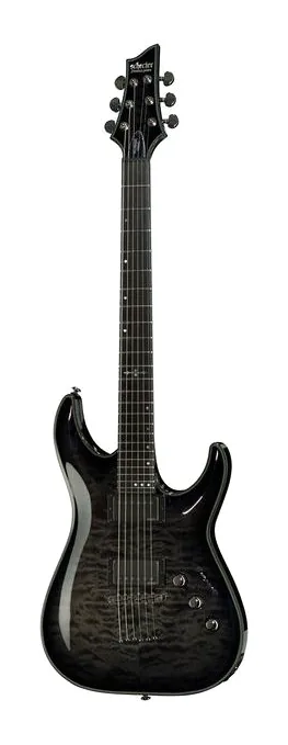Schecter Hellraiser Hybrid C-1 TBB inquadrato di fronte su sfondo neutro