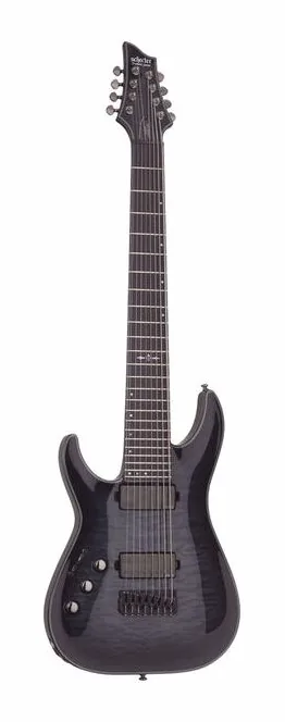 Schecter Hellraiser Hybrid C-8 LH TBB inquadrato di fronte su sfondo neutro