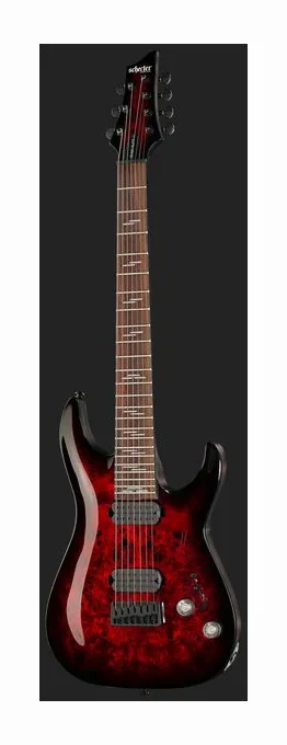 Schecter Omen Elite-7 Black Ch Burst, corpo e verniciatura in primo piano