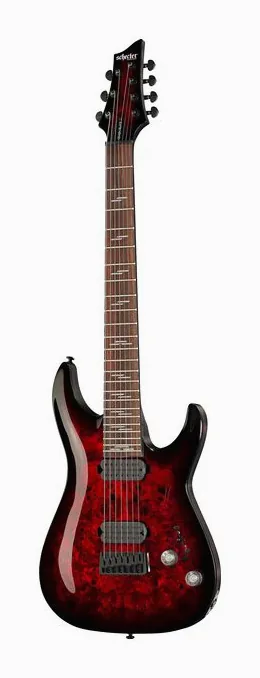 Schecter Omen Elite-7 Black Ch Burst fotografato frontalmente