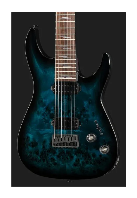 Schecter Omen Elite-7 See Blue Burst, paletta con meccaniche e logo