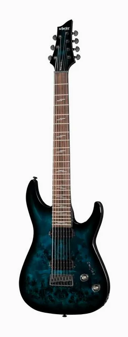 Schecter Omen Elite-7 See Blue Burst in primo piano frontale