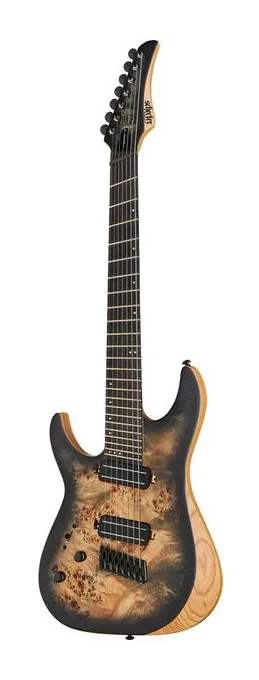 Schecter Reaper 7 Multiscale SCB LH inquadrato di fronte su sfondo neutro