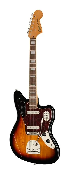 Squier CV 70s Jaguar LRL 3TS inquadrato di fronte su sfondo neutro
