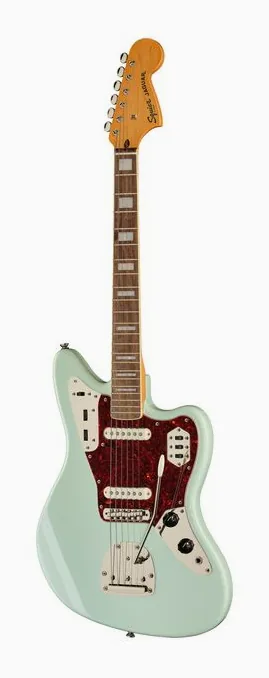 Squier CV 70s Jaguar LRL SFG inquadrato di fronte su sfondo neutro