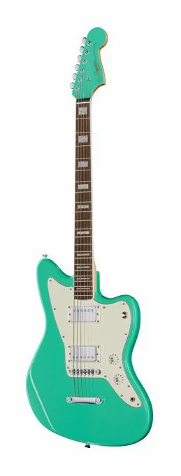 Squier Paranormal Jazzm Baritone SFG inquadrato di fronte su sfondo neutro