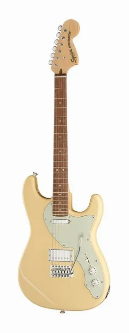 Squier Paranormal Strat Deluxe VWT inquadrato di fronte su sfondo neutro