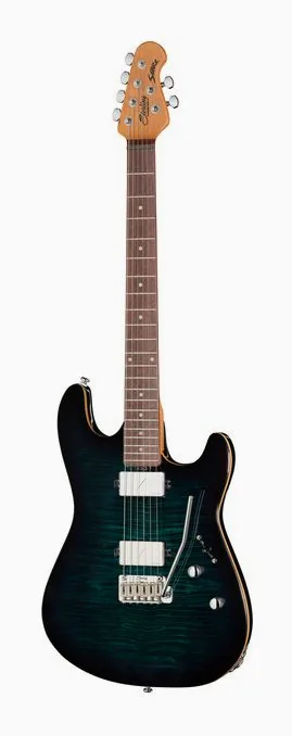 Sterling by Music Man Sabre Deep Blue Burst inquadrato di fronte su sfondo neutro