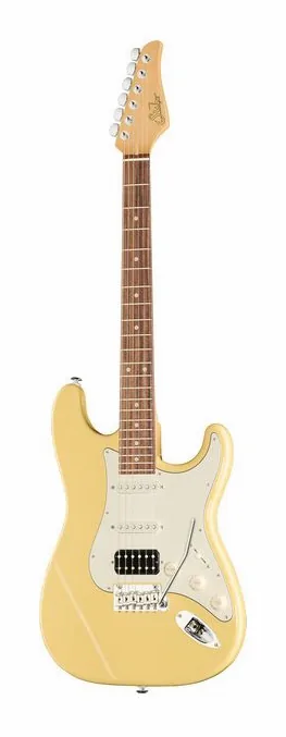 Suhr Classic S ST HSS RW VY inquadrato di fronte su sfondo neutro