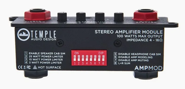 Temple Audio Design AMP MOD Stereo Amp Module, pannello dei controlli in primo piano