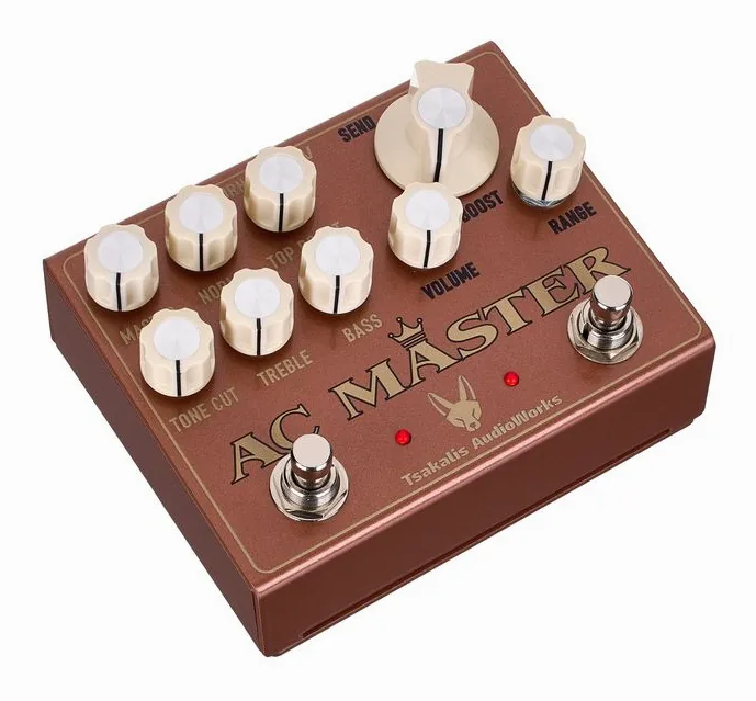 Tsakalis AudioWorks AC Master Overdrive and Boost, footswitch in primo piano