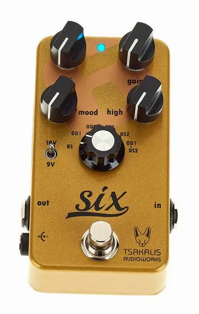 Tsakalis AudioWorks Six Boost/Overdrive/Distortion, manopole viste dall'alto