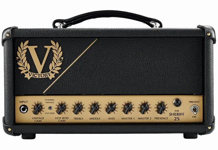 Victory Amplifiers Sheriff 25 Compact Head, logo e finiture del pannello frontale
