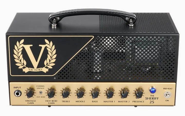 Victory Amplifiers Sheriff 25 Lunch Box Head, logo e finiture del pannello frontale