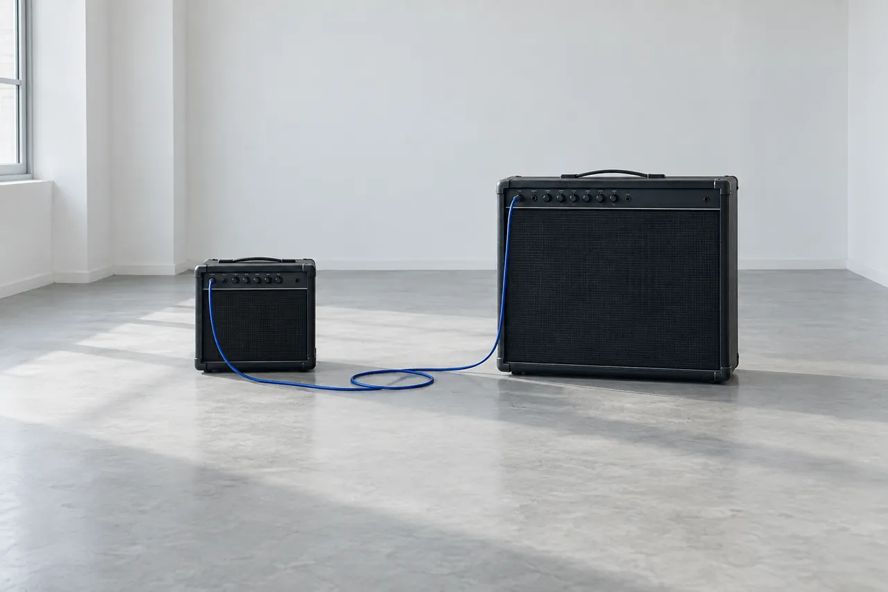 Due amplificatori per chitarra di taglia diversa affiancati in una stanza chiara