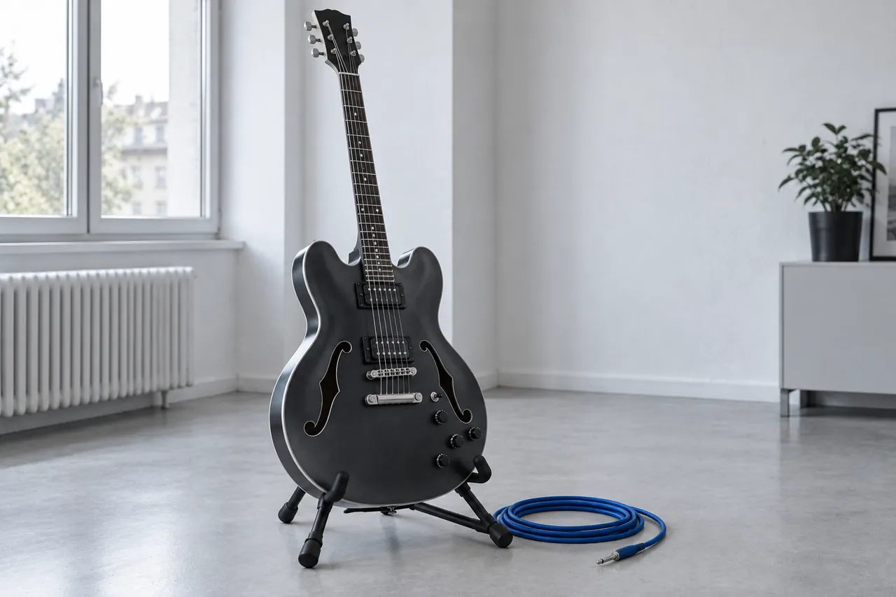 Chitarra semiacustica con fori a effe appoggiata su un piedistallo in una stanza chiara